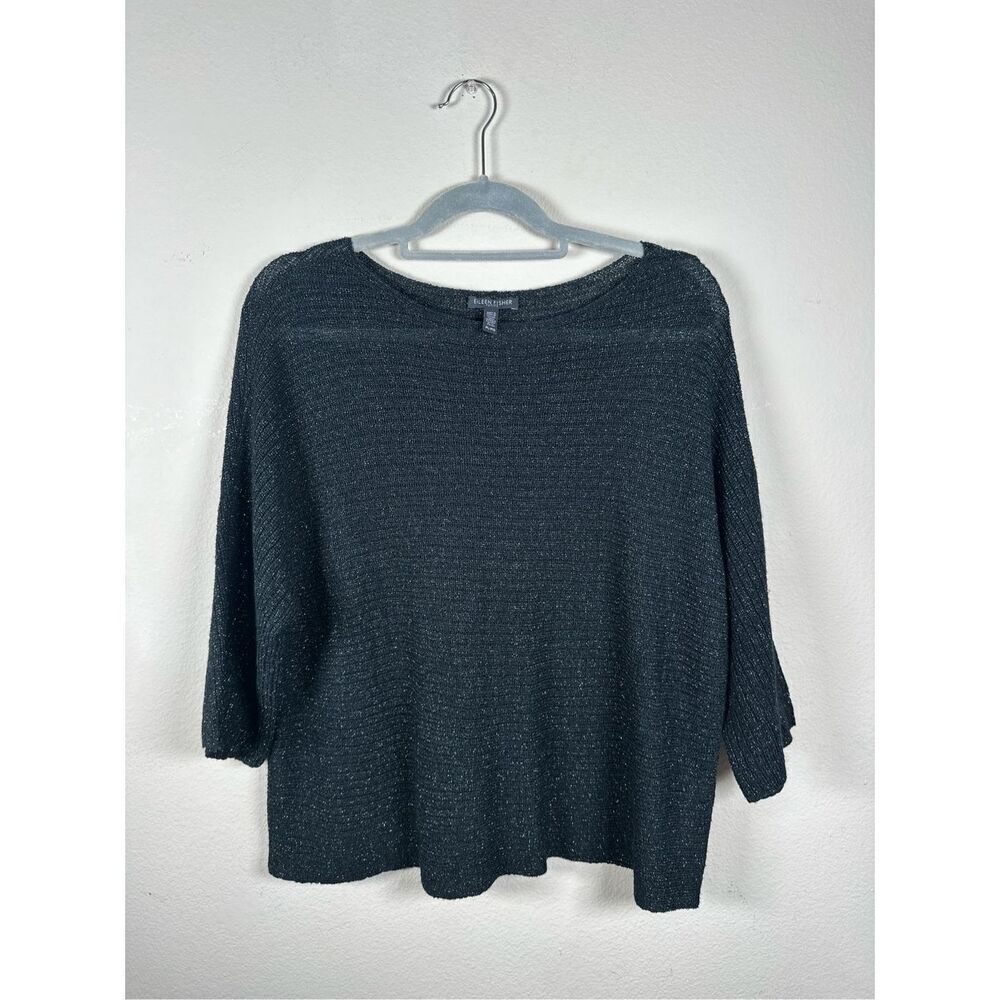 Eileen Fisher Merino Wool Black Metallic Shimmer Blouse Sz PL